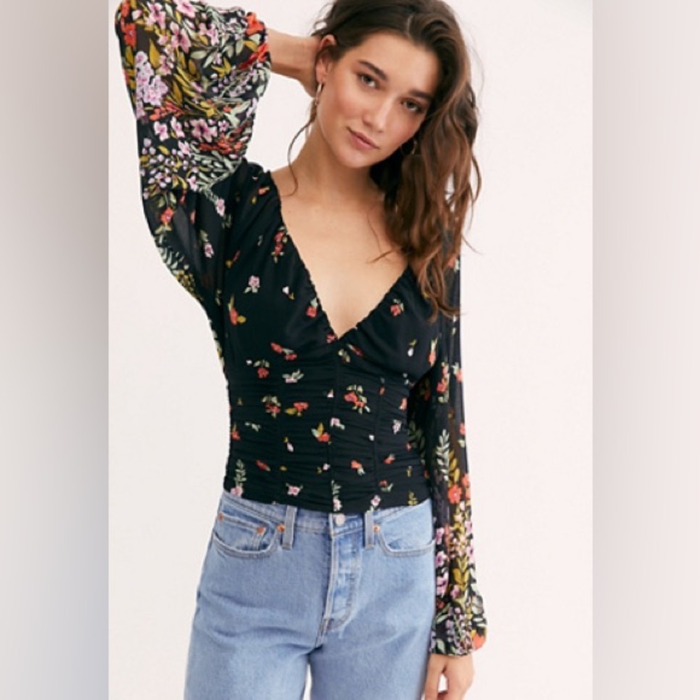 Free People Final Rose Blouse, Black with floral print, Size Small